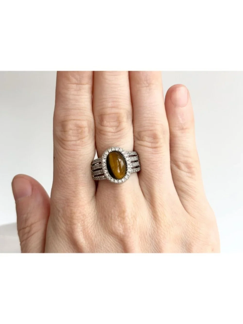 Genuine Tiger's Eye Gemstone Open Shank Sterling Silver 925 Vintage Ring - sz 8